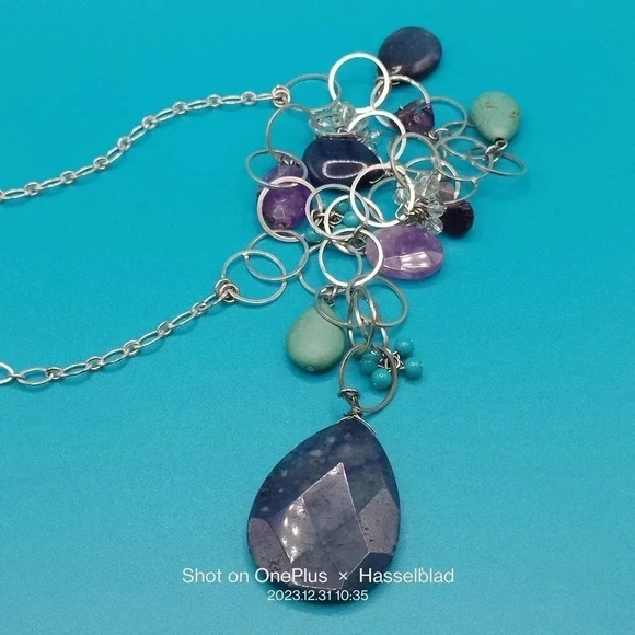 LOFT Silver Tone Link Blue Mix Beads Necklace 26" - Picture 6 of 9